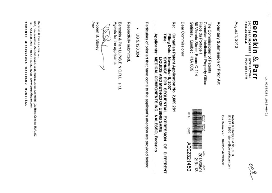 Canadian Patent Document 2669281. Prosecution-Amendment 20130801. Image 1 of 1