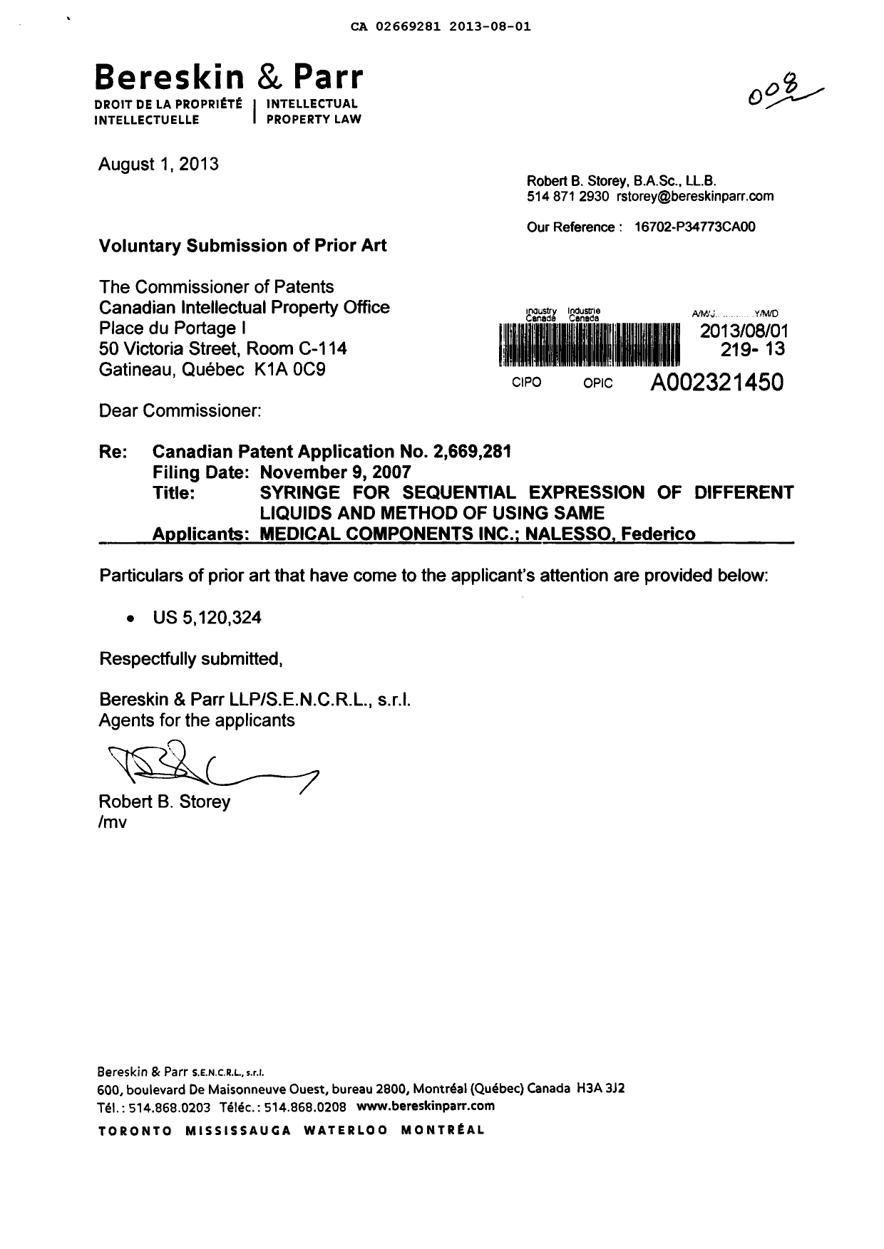 Canadian Patent Document 2669281. Prosecution-Amendment 20130801. Image 1 of 1