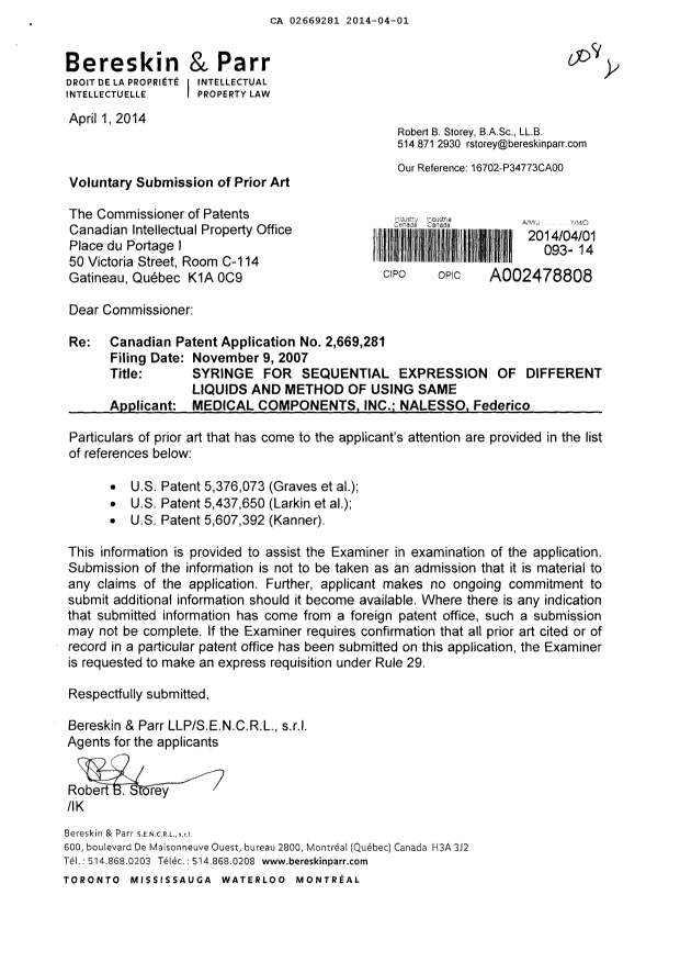 Document de brevet canadien 2669281. Poursuite-Amendment 20140401. Image 1 de 1