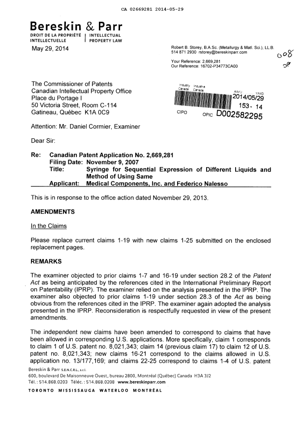 Document de brevet canadien 2669281. Poursuite-Amendment 20140529. Image 1 de 10