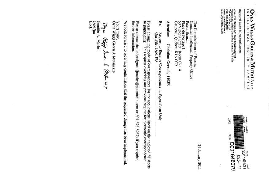 Document de brevet canadien 2669294. Correspondance 20110121. Image 1 de 2
