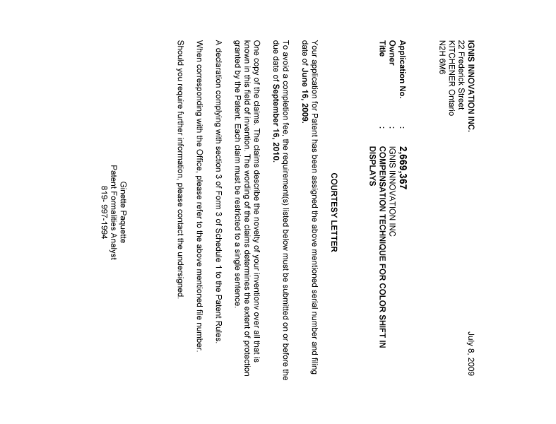 Canadian Patent Document 2669367. Correspondence 20090708. Image 1 of 1
