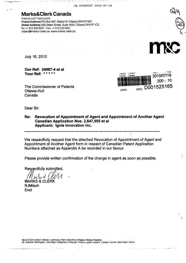 Document de brevet canadien 2669367. Correspondance 20100716. Image 1 de 3