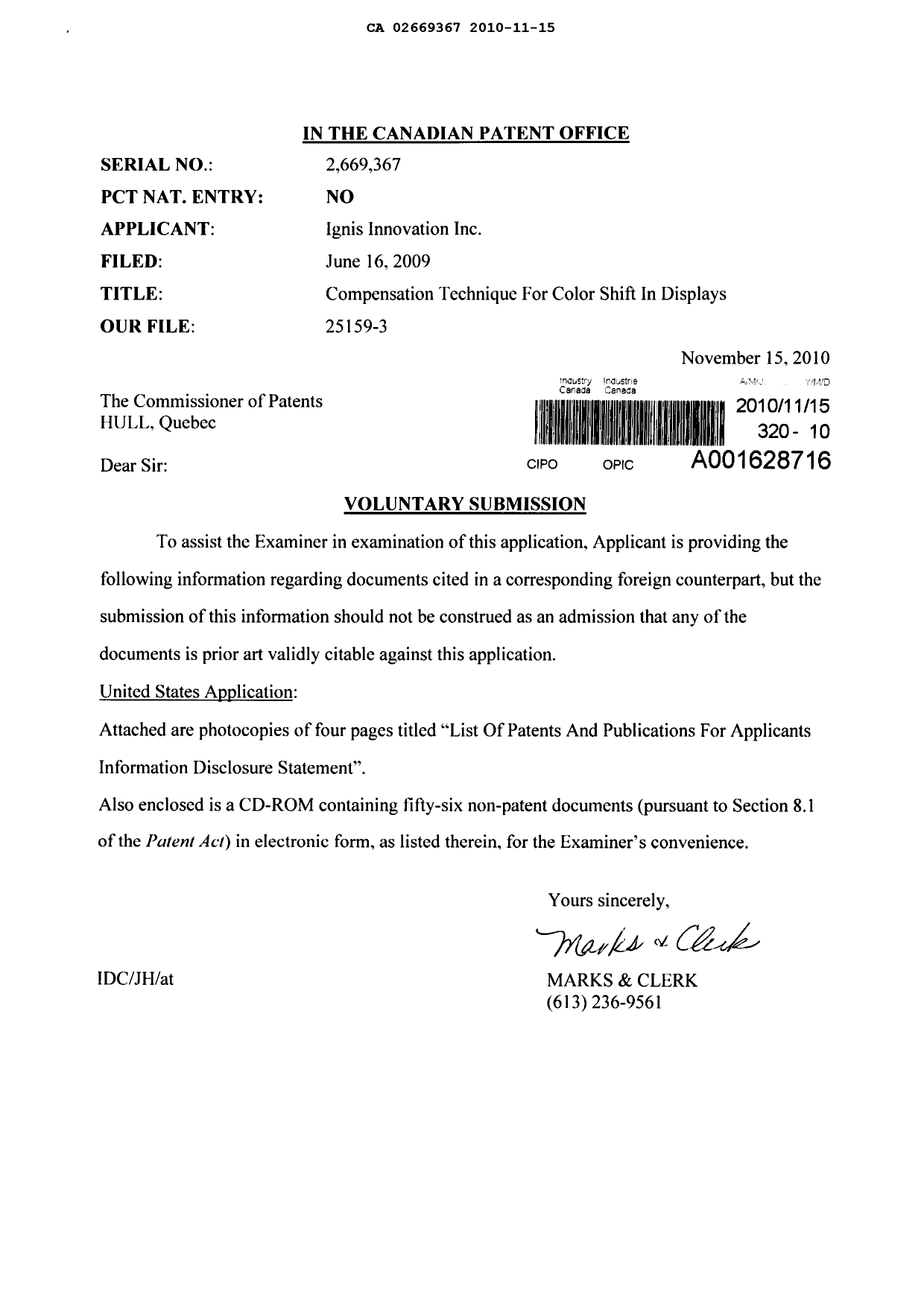 Canadian Patent Document 2669367. Prosecution-Amendment 20101115. Image 1 of 1