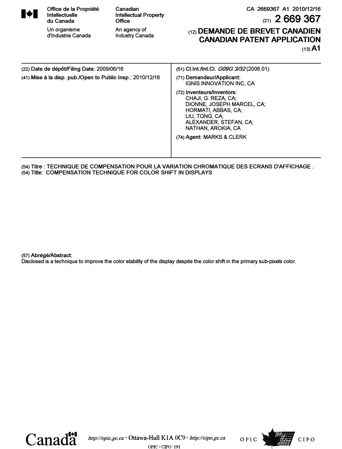 Canadian Patent Document 2669367. Cover Page 20101118. Image 1 of 1