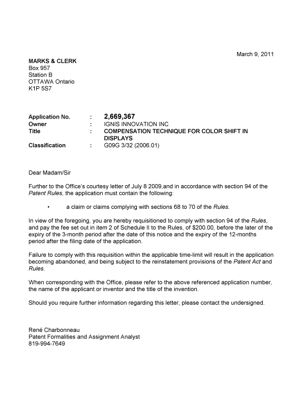 Document de brevet canadien 2669367. Correspondance 20110309. Image 1 de 1
