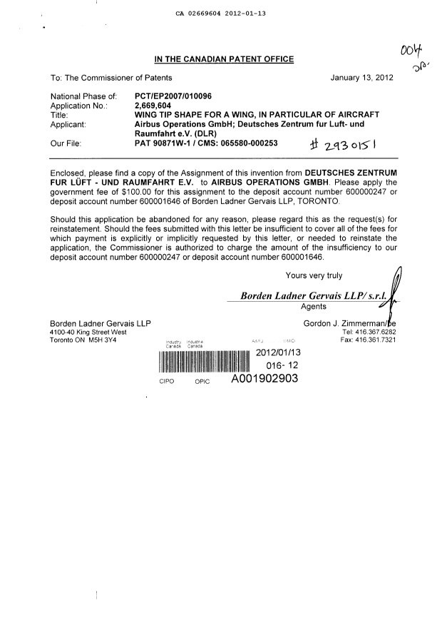 Document de brevet canadien 2669604. Cession 20120113. Image 1 de 2