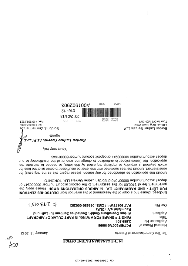 Canadian Patent Document 2669604. Assignment 20120113. Image 1 of 2