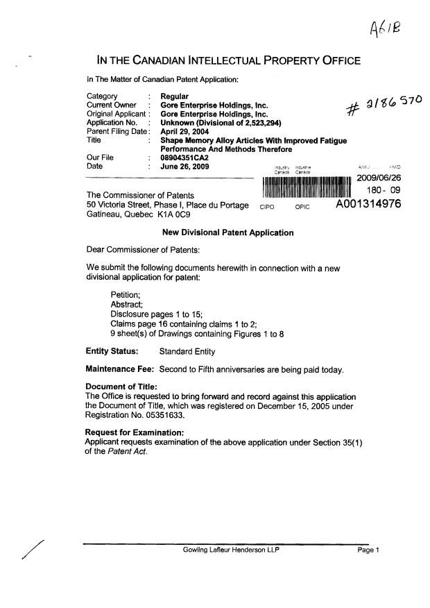 Canadian Patent Document 2669824. Assignment 20090626. Image 1 of 4