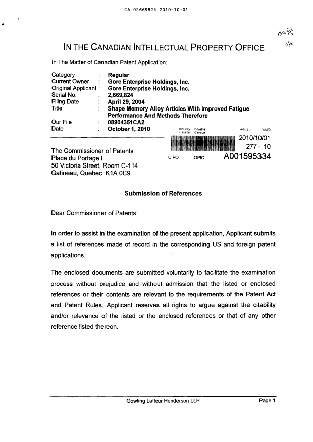 Canadian Patent Document 2669824. Prosecution-Amendment 20101001. Image 1 of 2