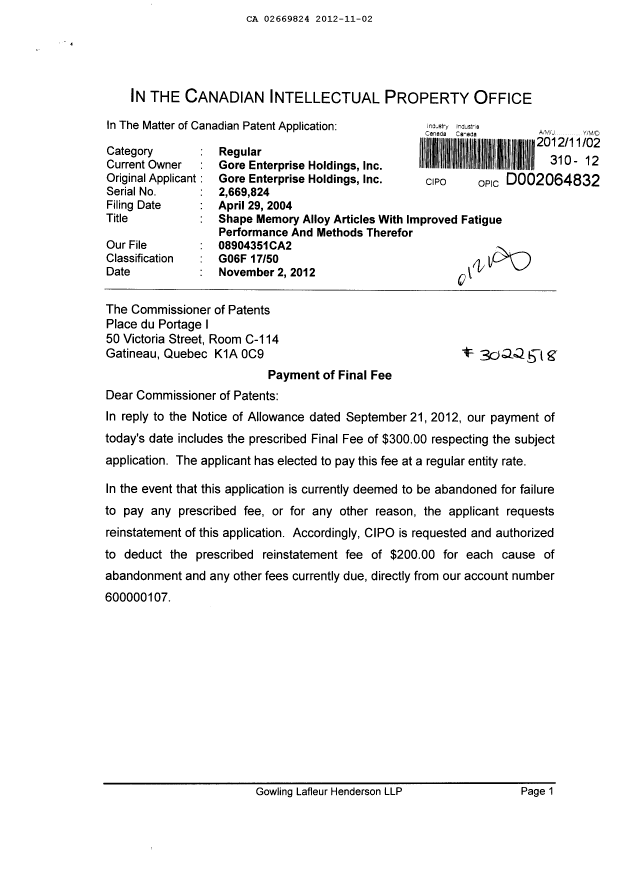 Canadian Patent Document 2669824. Correspondence 20121102. Image 1 of 2