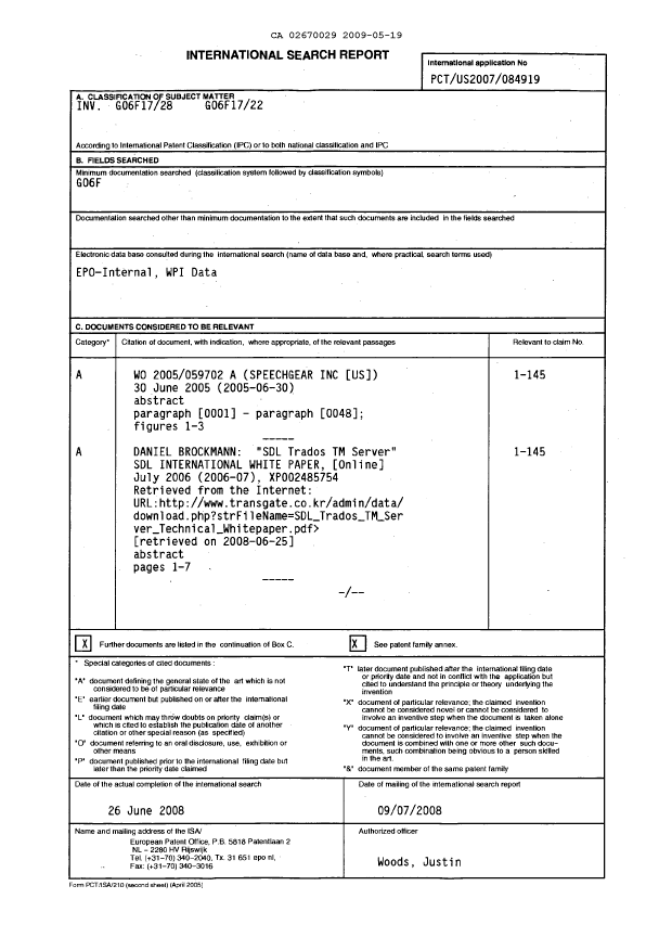 Document de brevet canadien 2670029. PCT 20090519. Image 1 de 5