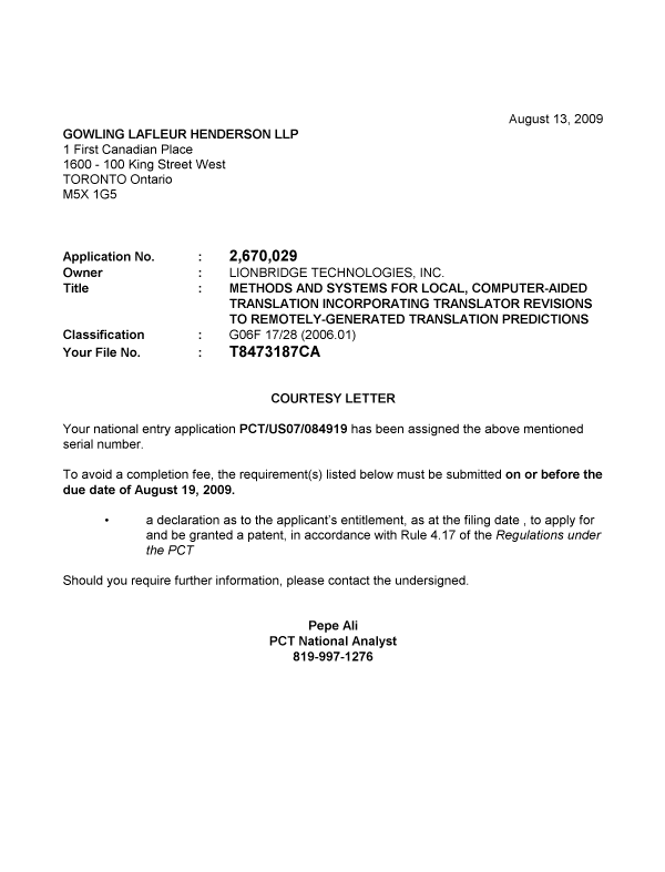 Document de brevet canadien 2670029. Correspondance 20090813. Image 1 de 1