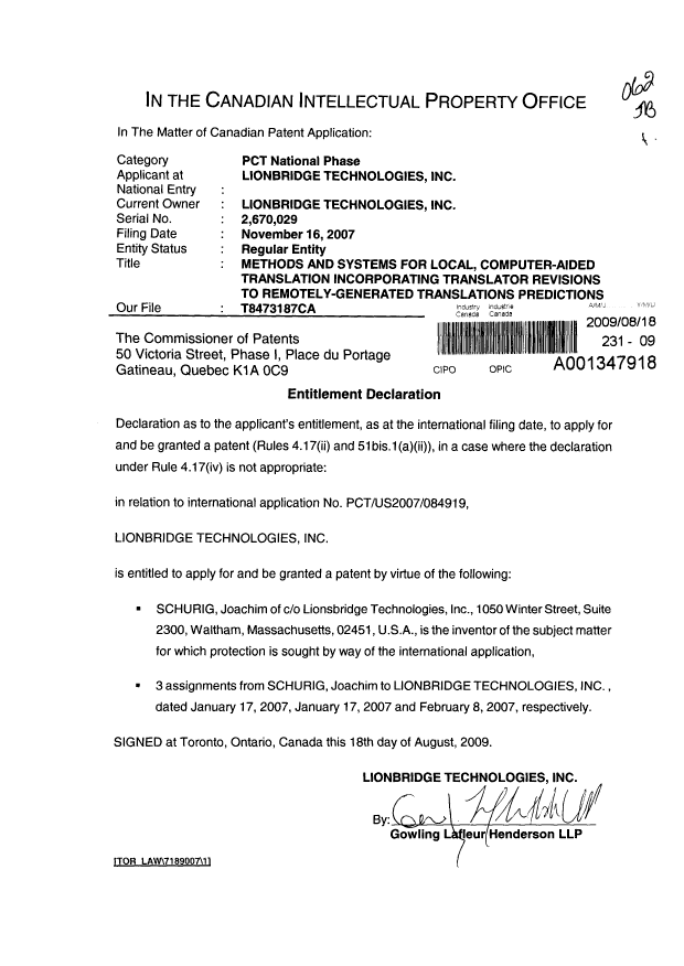 Document de brevet canadien 2670029. Correspondance 20090818. Image 1 de 1