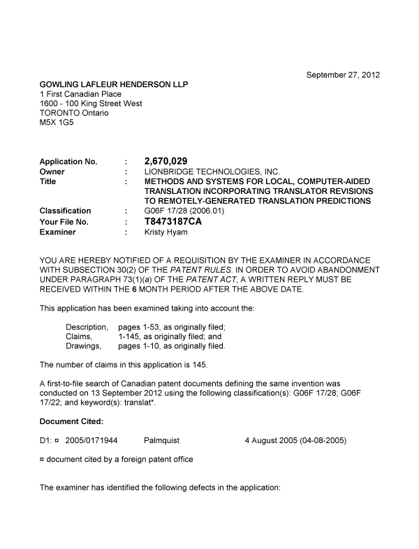 Canadian Patent Document 2670029. Prosecution-Amendment 20120927. Image 1 of 3