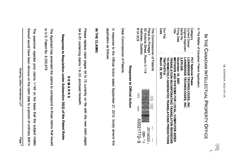Canadian Patent Document 2670029. Prosecution-Amendment 20130325. Image 1 of 11