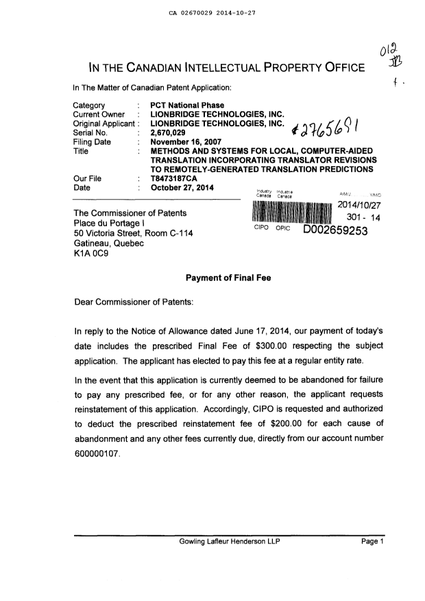 Document de brevet canadien 2670029. Correspondance 20141027. Image 1 de 2