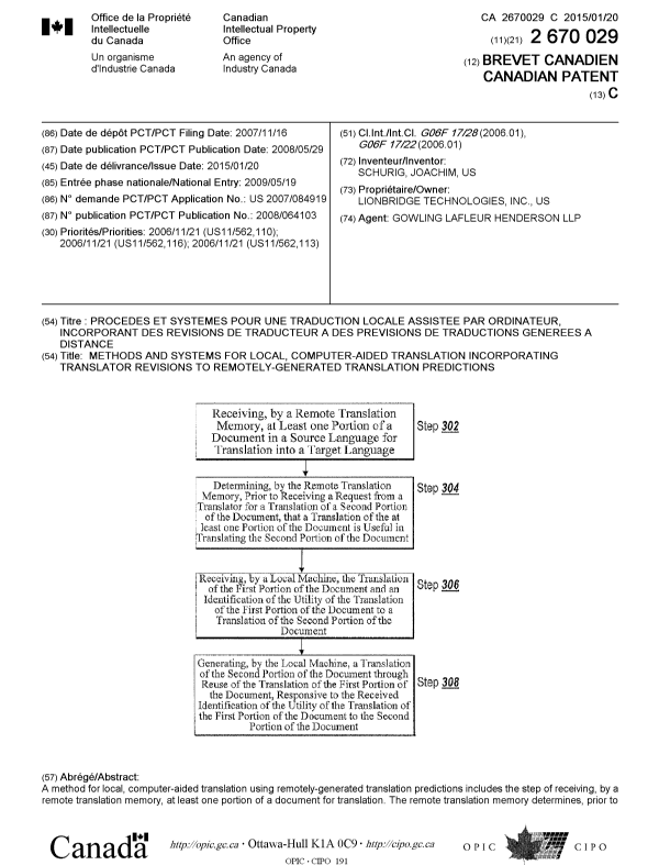 Document de brevet canadien 2670029. Page couverture 20141229. Image 1 de 2