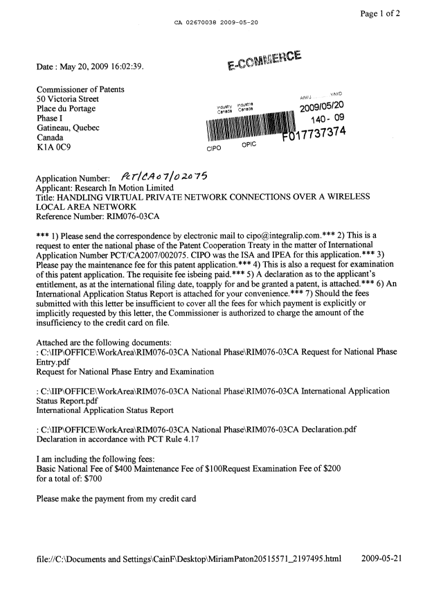 Document de brevet canadien 2670038. Cession 20090520. Image 1 de 6