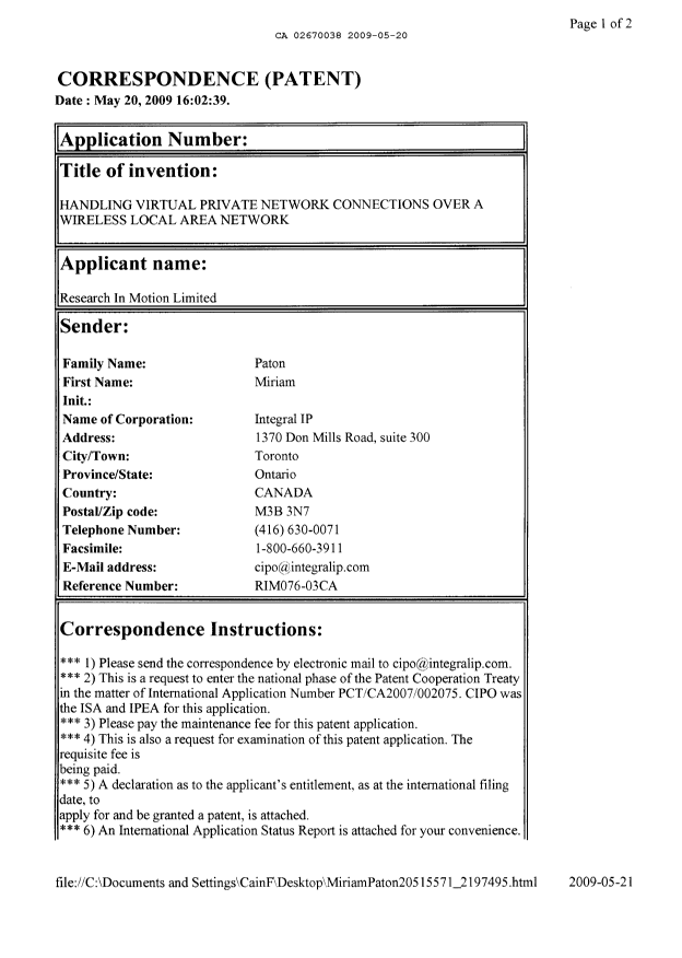 Canadian Patent Document 2670038. Assignment 20090520. Image 3 of 6