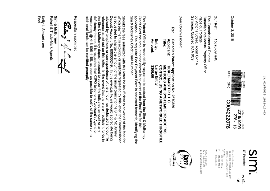 Document de brevet canadien 2670829. Taxe finale 20161003. Image 1 de 1