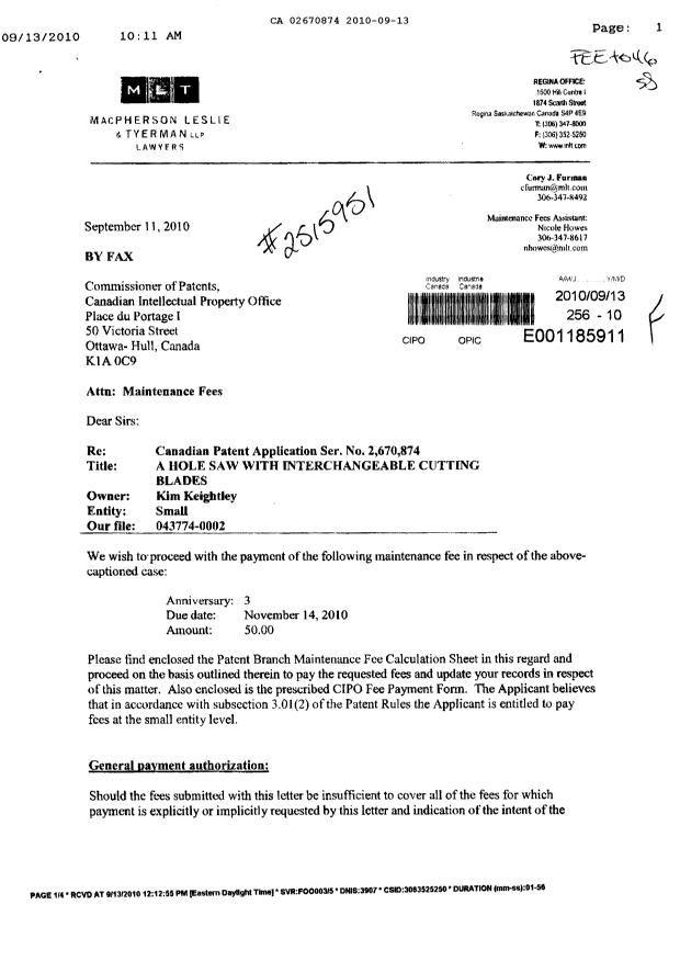 Document de brevet canadien 2670874. Correspondance 20100913. Image 1 de 3