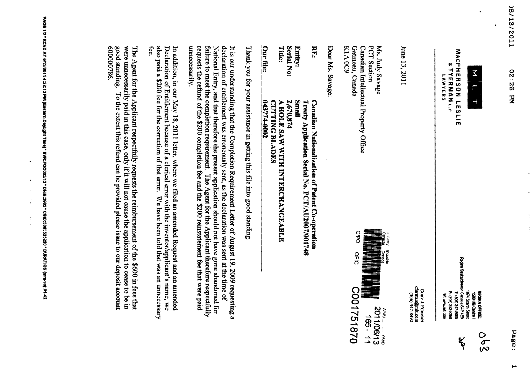 Canadian Patent Document 2670874. Correspondence 20110613. Image 1 of 2