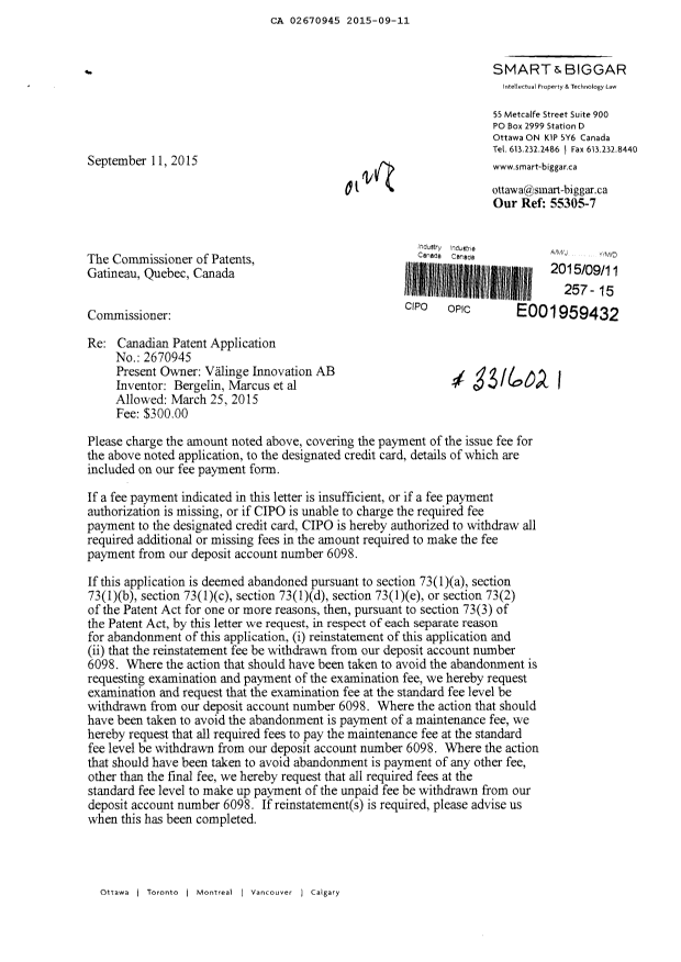 Document de brevet canadien 2670945. Correspondance 20141211. Image 1 de 2