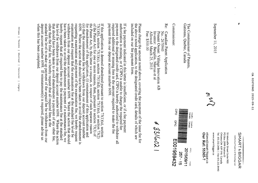 Canadian Patent Document 2670945. Correspondence 20141211. Image 1 of 2