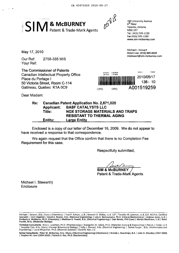 Document de brevet canadien 2671020. Correspondance 20100517. Image 1 de 2