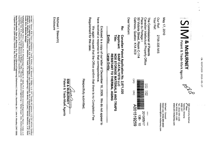 Canadian Patent Document 2671020. Correspondence 20100517. Image 1 of 2