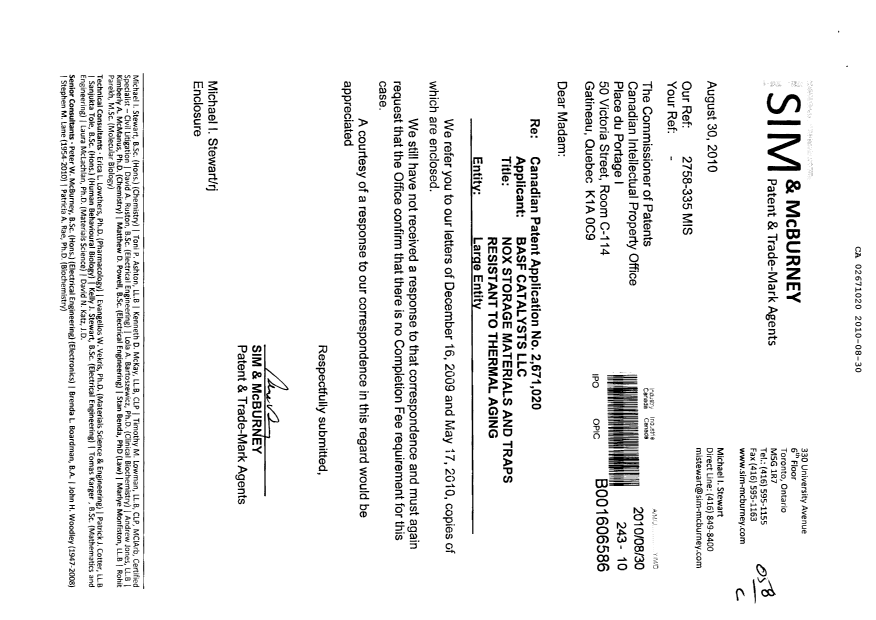 Canadian Patent Document 2671020. Correspondence 20100830. Image 1 of 3