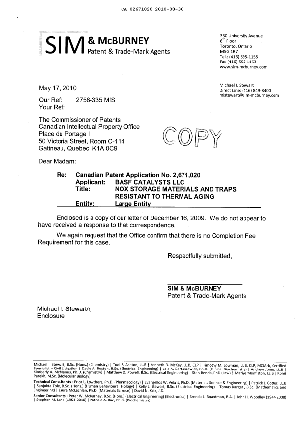 Canadian Patent Document 2671020. Correspondence 20100830. Image 2 of 3