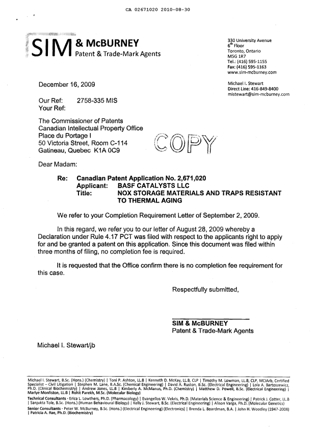 Canadian Patent Document 2671020. Correspondence 20100830. Image 3 of 3