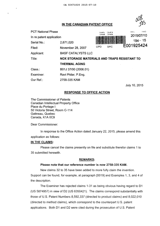Document de brevet canadien 2671020. Modification 20150710. Image 1 de 12