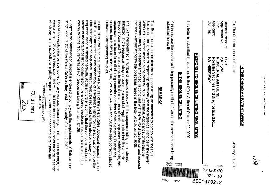 Document de brevet canadien 2671261. Poursuite-Amendment 20100120. Image 1 de 3