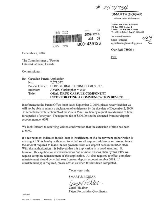 Document de brevet canadien 2671332. Correspondance 20091202. Image 1 de 1