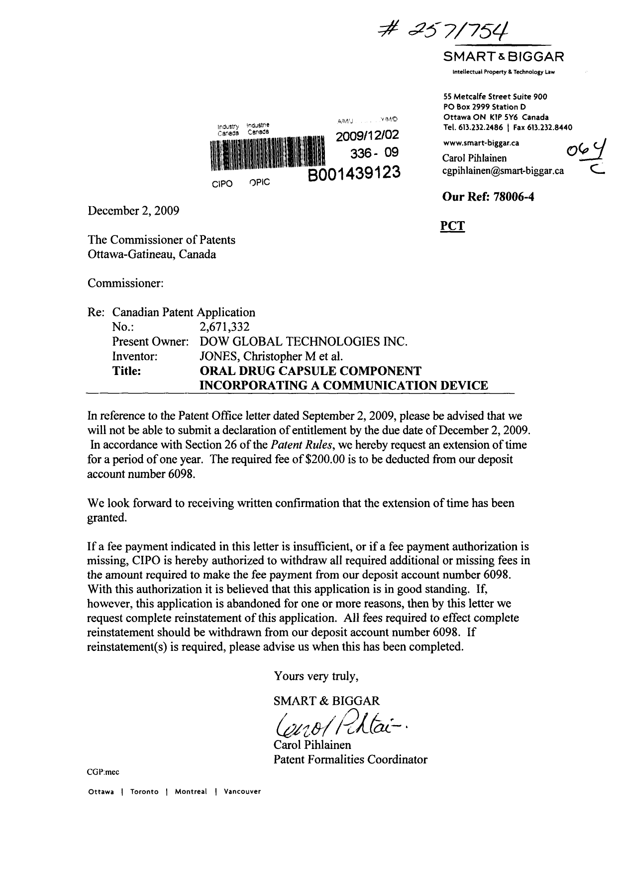 Canadian Patent Document 2671332. Correspondence 20091202. Image 1 of 1