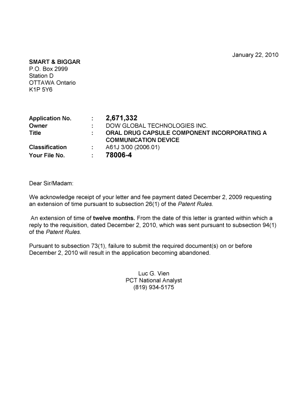 Document de brevet canadien 2671332. Correspondance 20100122. Image 1 de 1