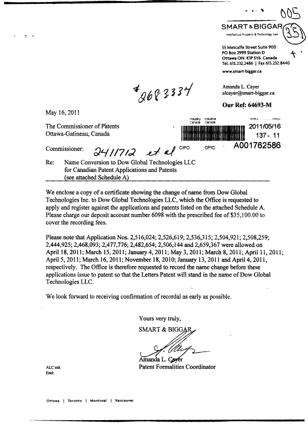 Document de brevet canadien 2671332. Cession 20110516. Image 1 de 12