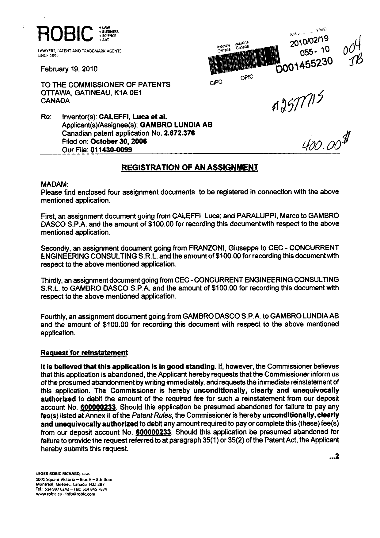 Document de brevet canadien 2672376. Cession 20100219. Image 1 de 8