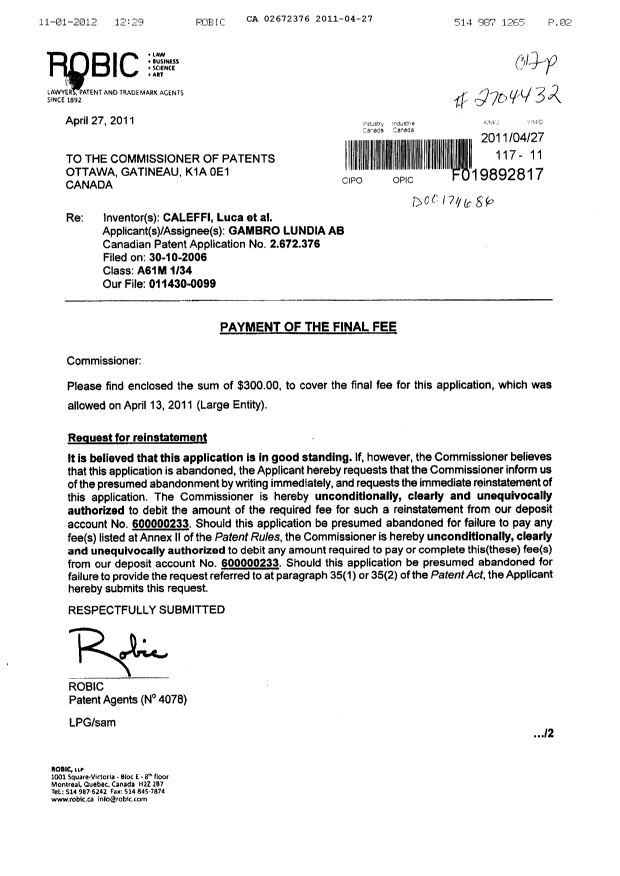 Canadian Patent Document 2672376. Correspondence 20110427. Image 1 of 2