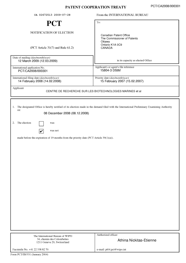 Document de brevet canadien 2672513. PCT 20090728. Image 1 de 6