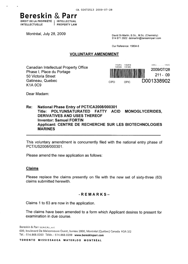 Document de brevet canadien 2672513. Poursuite-Amendment 20090728. Image 1 de 74