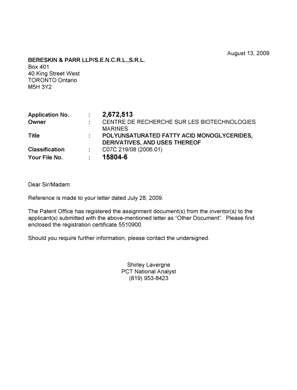 Document de brevet canadien 2672513. Correspondance 20090813. Image 1 de 1