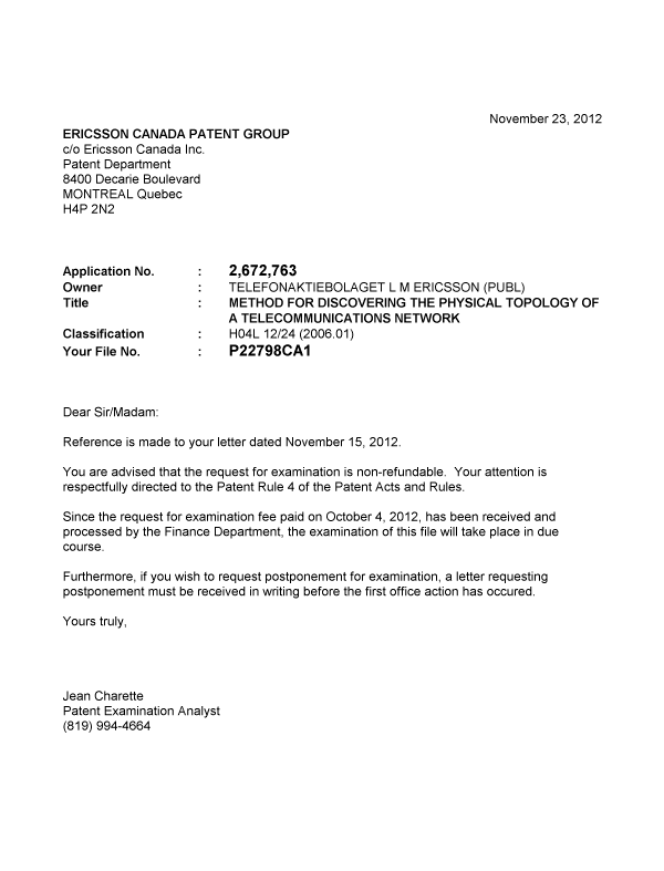 Document de brevet canadien 2672763. Correspondance 20121123. Image 1 de 1