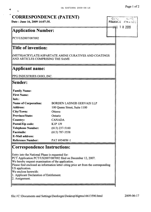 Document de brevet canadien 2672994. Cession 20090616. Image 3 de 18