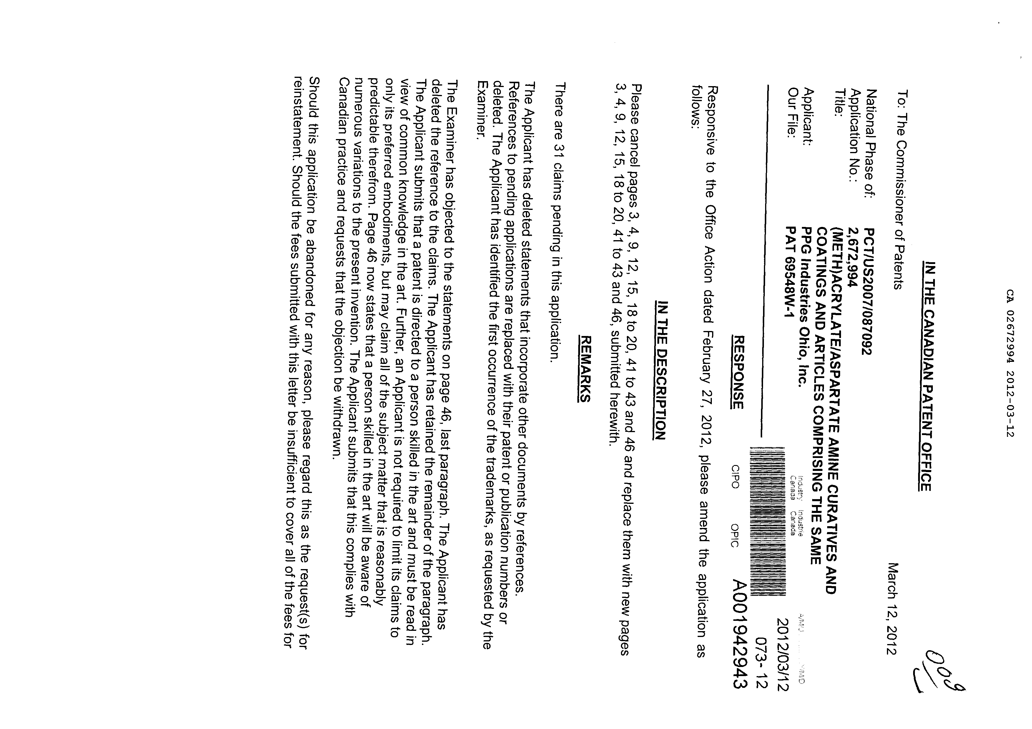 Canadian Patent Document 2672994. Prosecution-Amendment 20120312. Image 1 of 14