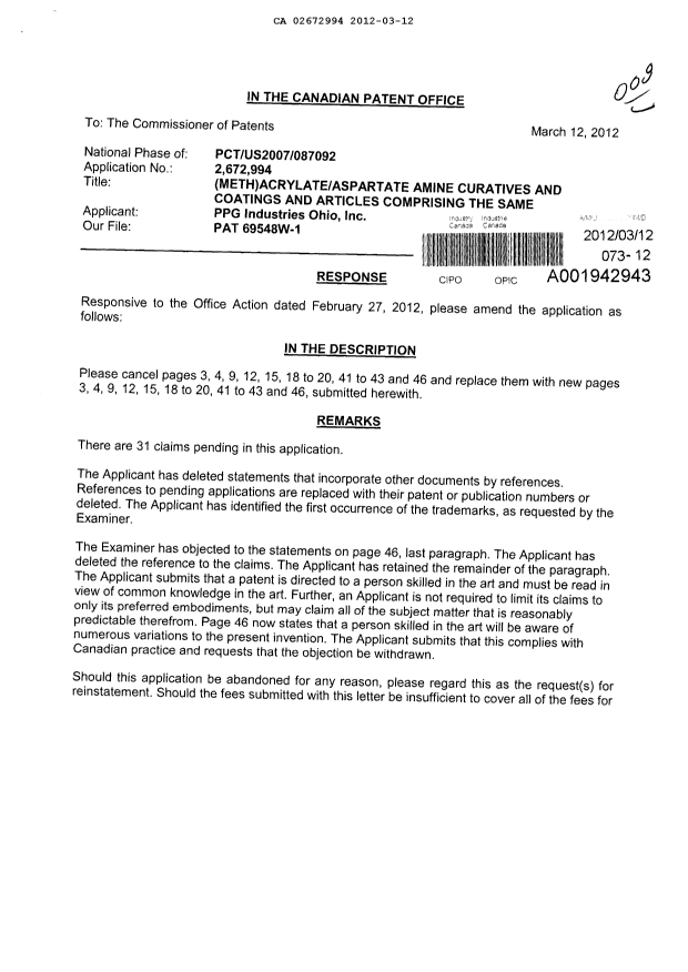 Document de brevet canadien 2672994. Poursuite-Amendment 20120312. Image 1 de 14
