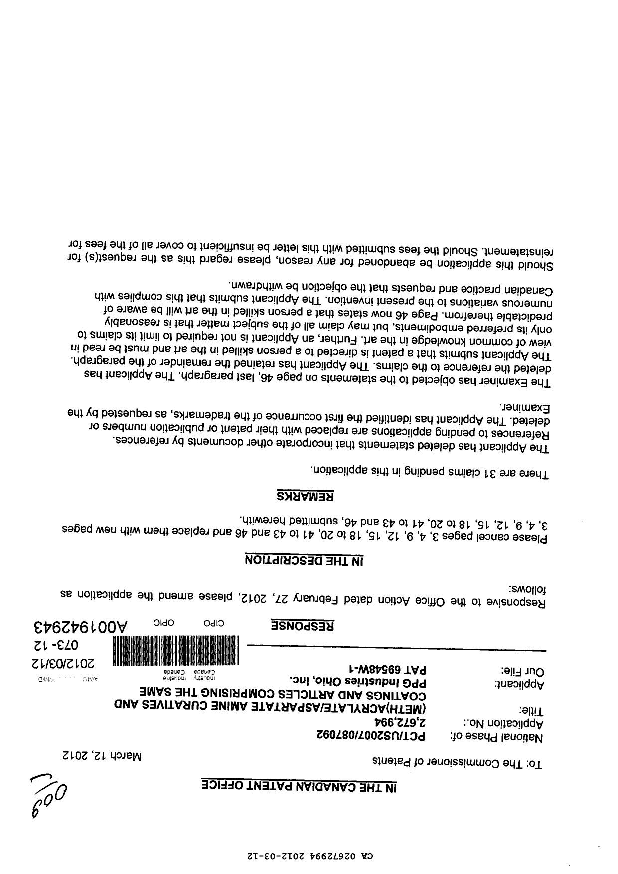 Canadian Patent Document 2672994. Prosecution-Amendment 20120312. Image 1 of 14